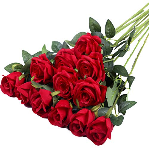 Hawesome 12PCS Artificial Roses Fake Flowers Single Long Stem Blooms with Rose Buds Wedding Decoration Bridal Bouquet Decorative Flower Arrangement Home Decoration Party Centerpieces in Red