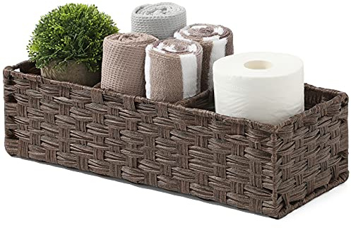[Larger Compartments] Toilet Tank Topper Paper Basket - Multiuse Hand Woven Plastic Wicker Basket with Divider for Organizing, Rustic Farmhouse Bathroom Decor, Countertop Organizer Storage, Brown