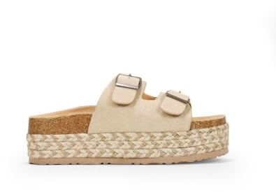 BOSANOVA Sandalias Bio Estilo Pala con una Tira Ancha al Empeine con Detalle de Dos Hebillas Regulables y Suela de Esparto Bicolor. Sin Cierre Calzado para Mujer Beige 39