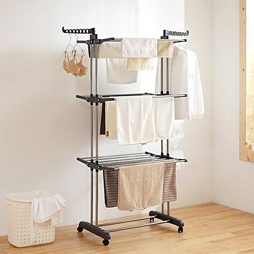 Etendoir à Linge Pliable, Séchoir à vêtements Mobile, Etendage à Linge, 4 étages 4 Roues, Ailes latérales, Tubes en Acier Inoxydable (Gris Argent)