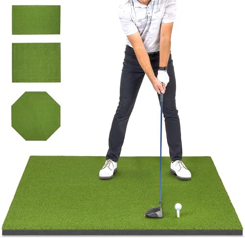 GoSports Golf Hitting Mat - Elite 5 x 5 ft - 15 mm Artificial Turf Training Mat for Indoor/Outdoor Swing Practice, Includes 3 Rubber Tees
