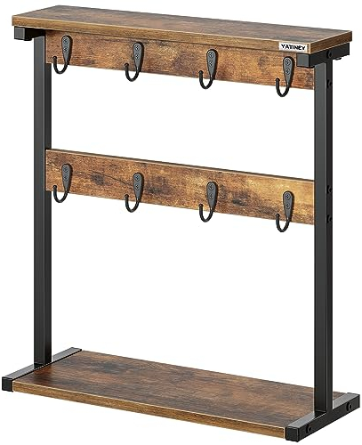 YATINEY Porte Tasses, Porte Mugs Suspendu, avec Large Base de Rangement, Porte Tasses Cafe, Support de Tasse bois, Peut Contenir 8 Tasses, pour cuisine, salon, Marron Rustique et Noir XMH43BR