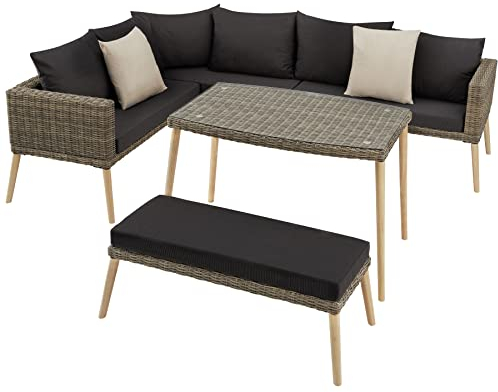 tectake® Aluminium Poly Rattan Lounge, Gartenmöbel Set mit Ecksofa, Bank und Tisch, Sitzgruppe für Garten Balkon Terrasse, Balkonmöbel Sofa Garnitur mit dicken Polstern, mit Zierkissen - Natur