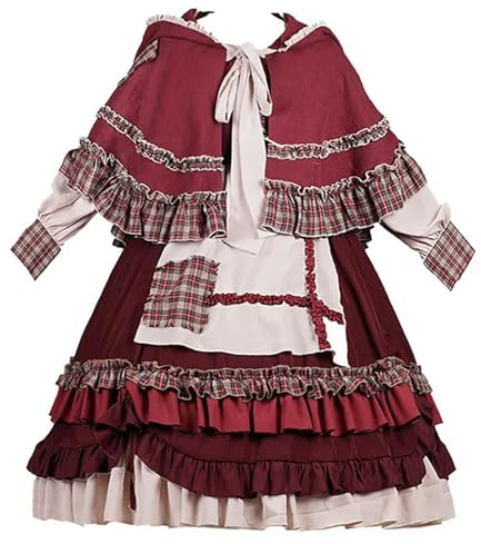 FRESQA Robe Lolita Rouge Vintage en Patchwork pour Femmes, avec Cape, Mignonne Femme Cosplay, Petite Capuche d'équitation Rouge