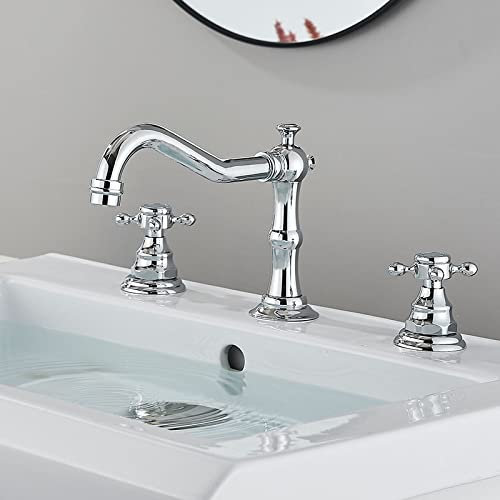 Grifo de Lavabo Vintage de 3 Orificios - Mezclador de Baño Frío y Caliente de Latón Con Doble Manija Cruzada - Acabado en Cromo