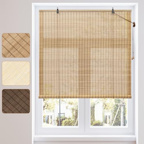 WOLTU Estores de Bambú, Persianas Enrollables para Exterior e Interior, Cortina de Bambú Natural, Estor Transpirable de Puertas o Ventanas, Protección Solar y Privacidad, Marrón, 110x160 cm