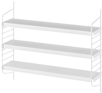 skølm Mimir Wandregal Metall Weiß – Schweberegal mit 3 verstellbaren Regalböden – Modulares String Regal Wand – Hängeregal schmal für Wohnzimmer/Küche/Badezimmer – Wall Shelf