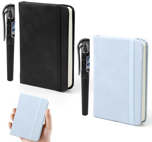 TOPCZY 2 Stück Mini Notizbücher Set Stift mit 2 Stiften, Kleines Notizbuch mit Gummizugverschluss Journal, Reisetagebuch, Notizbuch Leder, Blaue, Schwarze Ledernotizbücher, für Schule Arbeit Reisen