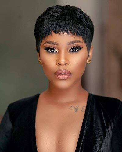 Fereowth Perruque Femme Naturelle Courte Pixie Perruque Courte en Cheveux Humains Short Human Hair Wig with Bangs Droit Brésilienne Couche Cheveux avec Frange Perruques (Noir)