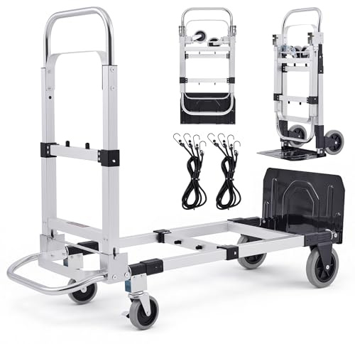 CREWORKS Convertible Hand Truck, 2-in-1 Folding Hand Truck Dolly Cart with Lockable Swivel Wheels 2 Straps, Height Adjustable Aluminum Alloy Folding Cart with 110kg Capacity for Home Warehouse Office