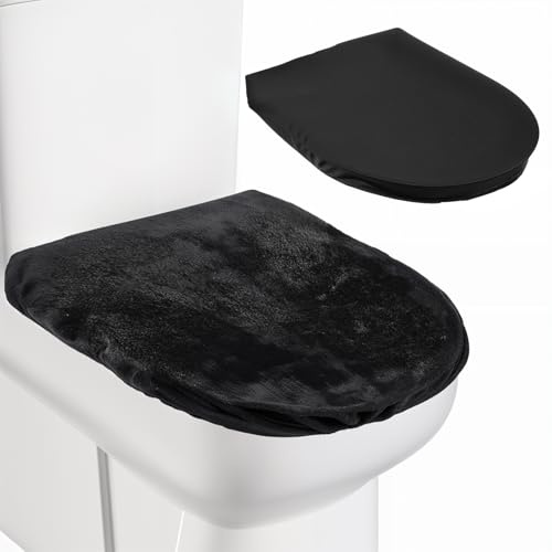 2PCS Toilet Lid Cover, Black Toilet Lid Seat Protector Cover, Stretch Velvet Toilet-Seat Covers for Most Round, Elongated and Oblong Lids, Washable Toilet-Bowl Accessories Decoration for Bathroom