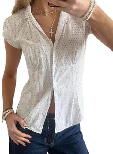 Women Button Down Shirts Ruched Slim Fit Solid Color Lapel Collar Short Sleeve Blouse Y2k Summer Shirt Tops (A-White, L)