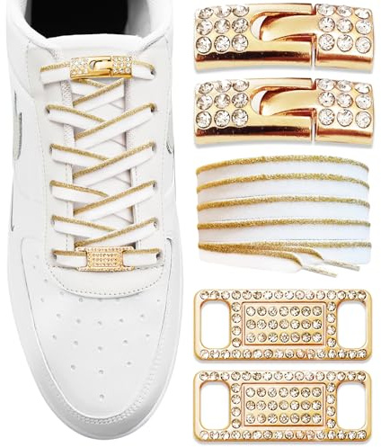 TOPPING STYLE Elastic No Tie Shoe Laces with Bling Diamond Locks & Charms for Women's Sneakers (01-White- Gold Edge)
