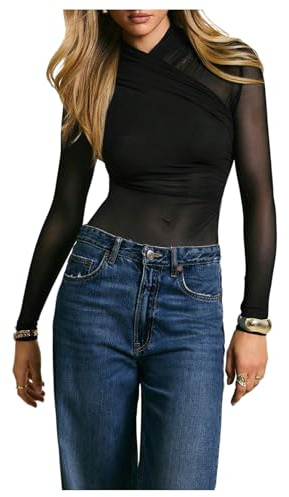 SweatyRocks Women's Sheer Mesh Wrap Bodysuits Criss Cross Long Sleeve Bandage Sexy Going Out Tops Black Small