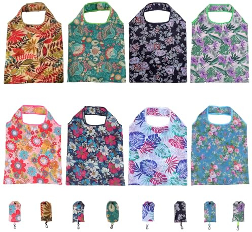XHYASD 8 Pezzi Borse della Spesa Pieghevoli Riutilizzabili, Borse in Poliestere Lavabili 50x37cm con Gancio, Leggere e Resistenti per Spesa, Viaggi e Uso Quotidiano