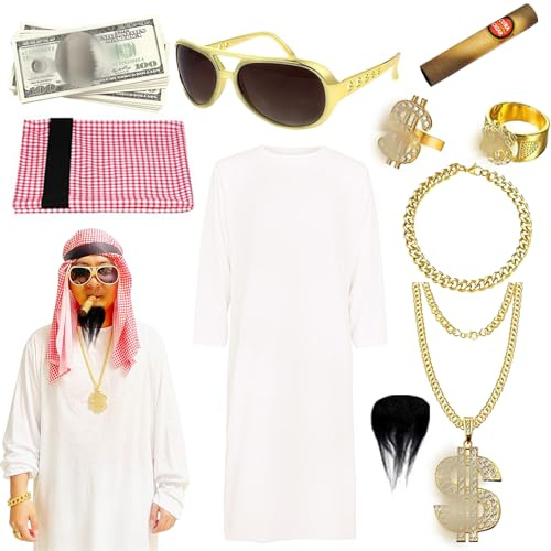 MmmLucipor Vestito Arabo Uomo, Vestito da Sceicco Adulto Veste Bianca, Costume da Sceicco Arabo, Tunica Bianca Uomo, Costume Carnevale, Include Bandana e accessori (L)