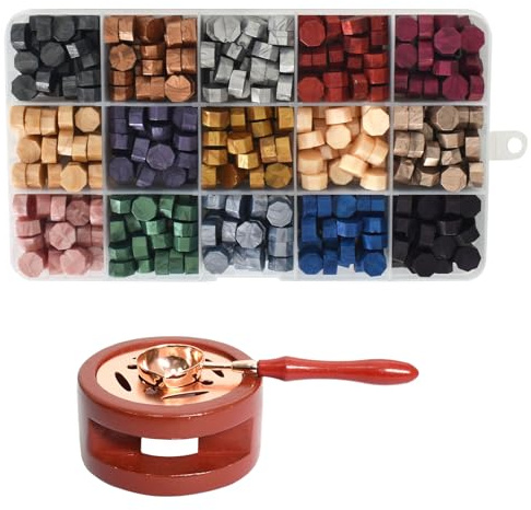 Juego de Sellos de Lacre, Aproximadamente 375 Cuentas de Cera, con Juego de Calentador de Cera, 15 Colores, Adecuado para Invitaciones de Boda, Sellado de Sobres, Envoltura de Regalos (Retro)