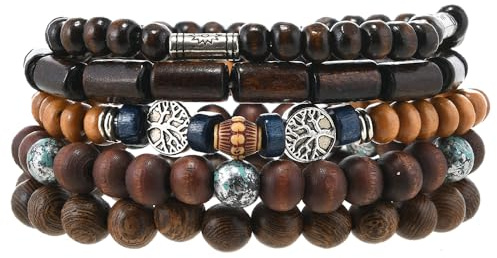 Tied By Love Ethnic Boho 5-Piece Set Wooden Beaded Bracelets with Tree of Life Charm Gothic Steampunk Bohemian Unisex Wristband Fashion Jewellery Gift