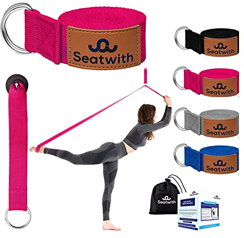 Seatwith Yoga-Gurt mit Metall-D-Schnalle | Yoga-Band 200x4cm | Dehnungsband für beste Dehnen | Yoga Stretching Band | Yogagurt + Tasche & Training PDF
