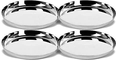 KC Middagstallrik i rostfritt stål, khumcha-tallrik/thali-äppelformad uppsättning av 4 tallrikar (diamm. 27 cm)