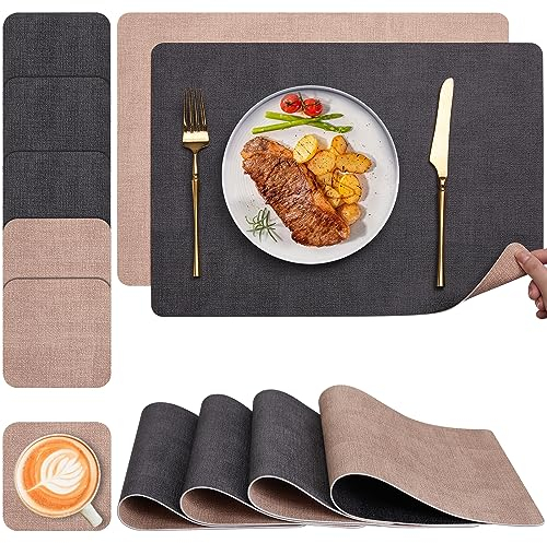 Myir JUN Tischsets Abwaschbar und Untersetzer 6er Set, Leder Platzsets Abwaschbar Doppelseitig Bedruckt Kunstleder Schmutzabweisend & rutschfest, Platzdeckchen Abwischbar mit Lederoptik für Esszimmer