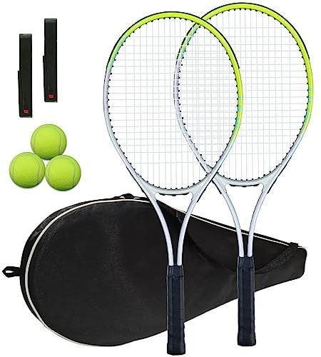 Tennis Racket Pre-Strung Lightweight 27 Inch Racquet Recreational Adult Rackets for Men Women Students Training Tennis Starter Kit with Balls,Carry Bag and Overgrips (Green/White - 2 Rackets)