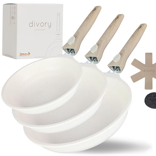 DIVORY 3-Piece Frying Pan Set 20 cm, 24 cm, 28 cm with Removable Handle, Induction, Non-Stick Coating, High Non-Stick Frying Pan + Pan Protector