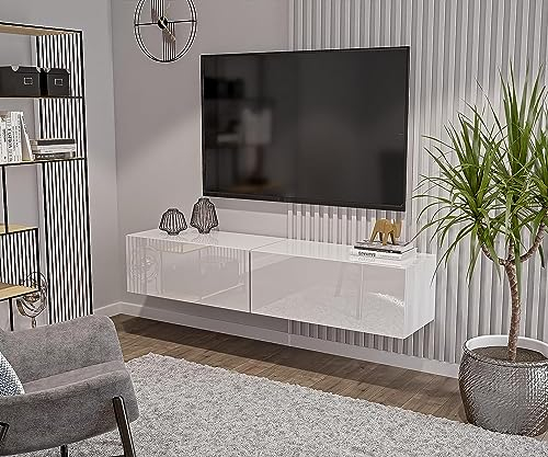 HAJDUK FURNITURE Wohnwand Weiß Full Hochglanz TV Lowboard 180 cm Hängeschrank TV Board Hängend Schrank Fernsehschrank TV Bank Wohnzimmer Möbel Modern Wandschrank