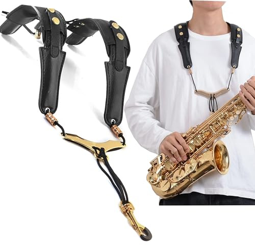 JIAMIAN Sassofono Strap, Nero Cinturino per Sassofono In Vera Pelle, Spessore Imbottito Regolabile Sax Neck Strap, Cinturino Universale per Qualsiasi Sassofonista (A)