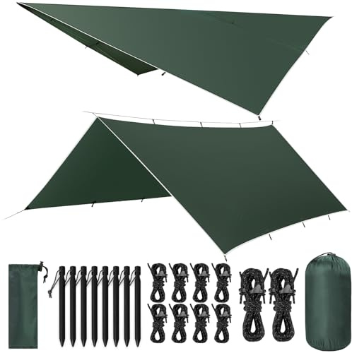 VOSOIR Tarp 3x5M Wasserdicht, Ultraleicht Camping Zeltplane, mit 15 Öse+8 Aluminiumstifte+10 Nylonseile, Anti-UV Schnee Regen Schutz, Leicht Kompakt für Hängematte Camping Picknick Wandern(Dunkelgrün)