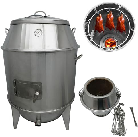 WYDDDARY Stainless Steel Charcoal Duck Roaster Commercial Barbecue Grill Duck Cookware Barbecue Grill with Removable Shelves and Hooks for Duck, Chicken, Pigeon, Fish and Vegetables Dia.31.5in