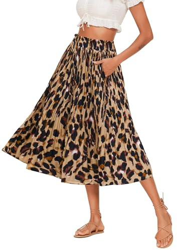 Hotouch Falda Plisada Señoras Leopardo Cintura Elástica Midi-Falda Verano Gasa-Falda Swing Elegante Falda Larga Plisada con Bolsillos Talla XL