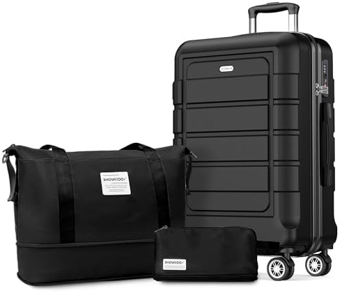 SHOWKOO Koffer Mittelgroß Hartschale Leicht ABS+PC Erweiterbar Reisekoffer Kabinen Haltbar Handgepäck Sets 4 Rollen TSA-Schloss mit 1 Reisetasche und 1 Kulturtasche, L -Schwarz