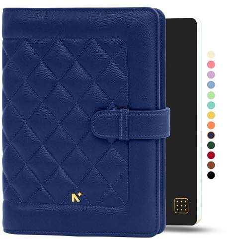 NEORAH —A5 Notebook SLEEVE with Quilted Loop +Dotgrid JOURNAL| Faux Leather Sleeve+ Penloop |2 Front 1 Back compartment |6 Card Slots |2 BookMarks | Gift Box-Fits any A5 Softcover Notebook–Dark Blue
