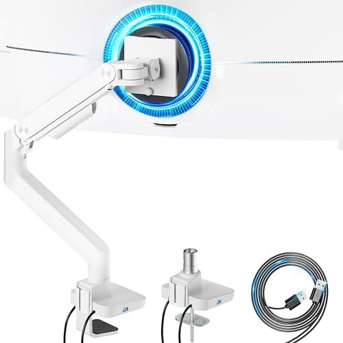 ARES WING Monitor Halterung mit USB A/C, Monitor Arm für 17 bis 49 Zoll Bildschirme, Verstellbarer Monitorständer für 20Kg Tragfähigkeit, Monitorhalterung mit Gasfeder, VESA 75/100 mm,Weiß