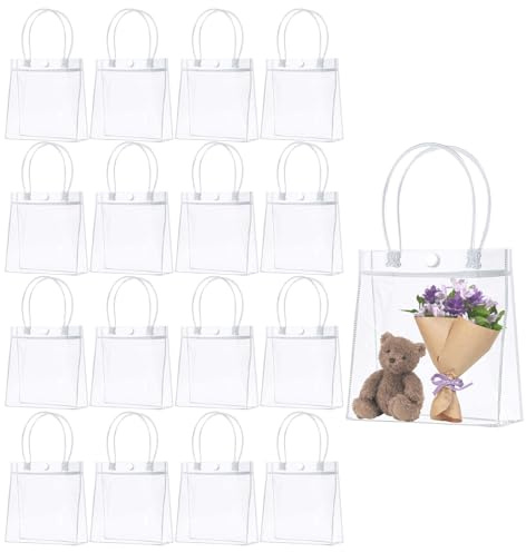 Sacchetti Regalo Trasparenti con Maniglie,16 Pezzi Sacchetti di Regalo in PVC Riutilizzabili, 16CM x 15CM x 7CM Borse Riutilizzabili in PVC Buste Avvolgenti Trasparenti,per Feste, Natale, Matrimoni