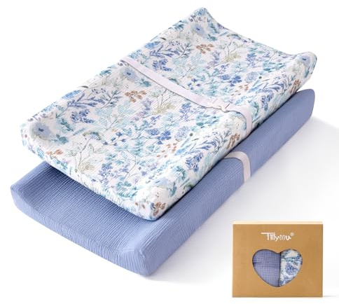 TILLYOU Muslin Changing Pad Cover for Baby Girls Boys, Soft and Breathable Cotton Diaper Changing Table Cover, 2 Pack(Blue Flower)