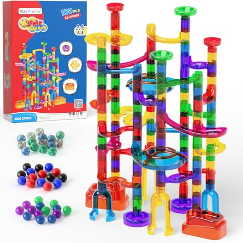 Murmelbahn Logikspiele Mehrfarbige kugelbahn 150 Stück transparent Bahnelementen und murmeln STEM Marble Rush Doppelspiel Spielzeug Geschenk für Kinder Jungen Mädchen ab 3-12 Jahre