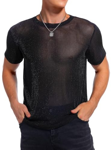 HAWILAND t-shirt män transparent glitter topp muskel nätskjorta rave techno party klubb sexig outfit