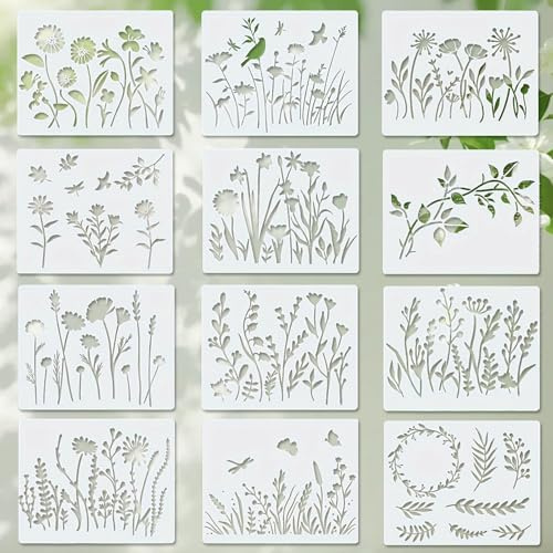 12 Pcs Stencils for Crafts Reusable Floral Stencils Natural Plants Openwork Drawing Stencil for Painting on Wood Canvas DIY Art Card Notebook Scrapbook Window Wall Decor