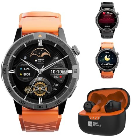 AGM Legion Pro Montre Connectée Militaire Homme avec Écouteurs, Cartes Hors Ligne, GPS, 5ATM Étanche, Montre Sport Robuste, Tracker Fitness Android iOS, 2 Bracelets Inclus