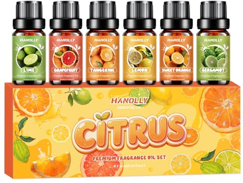 HANOLLY Eteriska Oljor Citrusfrukter för Diffusor 6 x 10ML | Set med Eteriska Oljor Naturliga för Aromaterapi, Tvål, Spa, Massage, Gör-Det-Själv Ljus -Citron, Grapefrukt, Lime, Mandarin