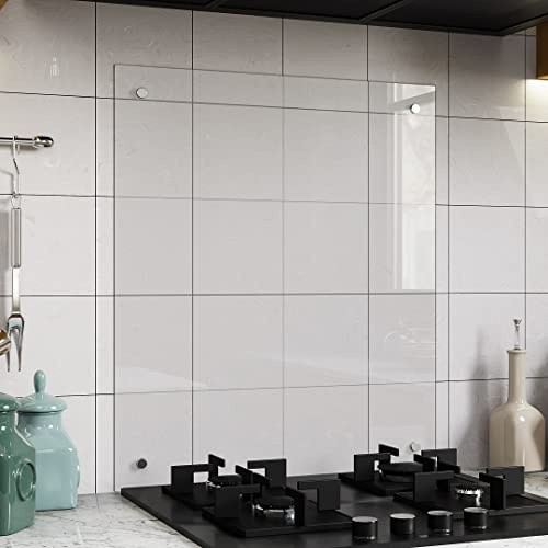 BELOFAY Clear 6mm Tempered Glass Splashback for Kitchen, Toughened Glass Heat Resistant Splashbacks for Cookers - Pre-Drilled Holes with Fixing (60cm x 65cm)