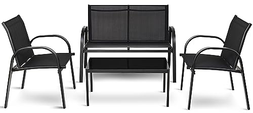 COSTWAY Set da Giardino con 4 Pezzi, Set da Giardino per Chiacchierare, Sedie da Giardino con Tavolino in Vetro, con Struttura Resistente in Ferro, Tessuto a Rete Traspirante (Nero)