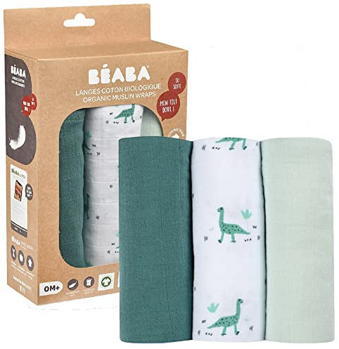 Beaba 920345 3-er Set Mullwindeln, Spucktücher, Bio-Baumwollmusselin, Mehrzwecktücher: Wickeldecke, Lätzchen, Groß, 70 x 70, Ökologisch und Gesund, Motiv Jurazeit, mehrfarbig, 150 g