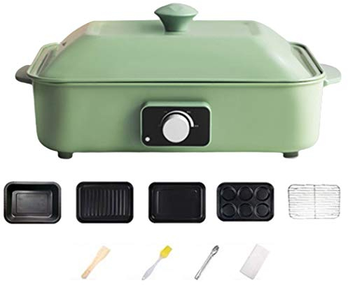 Compact 4 in 1 Multifuction Electric BBQ/Hot Pot/Dorayaki/Muffins Cooker, Korean Barbecue Grill, Non-Stick Coating Multi Plate 4-Piece Set,Green
