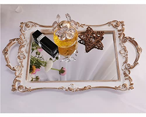 Yamfurga Petit Plateau Miroir décoratif rectangulaire, Style français, Organisateur de Maquillage, Organisateur de Bijoux, Plateau de Service, 33 x 19,8 cm, Blanc doré