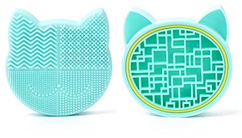 Silicon Makeup Brush Cleaner Mat with Portable Cat Shaped Cosmetic Brush Cleaning Pad Holder - Light Green