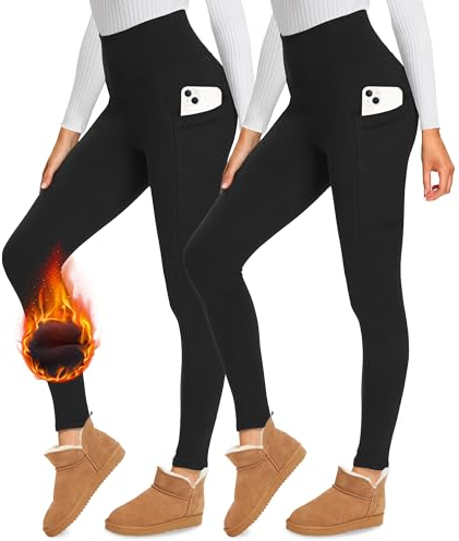 Missluck 2er Pack Thermoleggings Damen Winter Mit Taschen, High Waist Thermohose Gefüttert Fleece Thermounterwäsche Für Sport Gym（Schwarz/Schwarz,S/M）