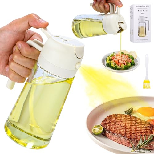 Toaren 2-in-1 Multifunktions ölflasche,470ml öl Sprühflasch für Die Küche,Oil Sprayer Können,Sprühflascheöl,Glass ölsprüher Speiseöl,ölspray/Gießen zum Kochen,Salat,Grillen,Backen(Beige)
